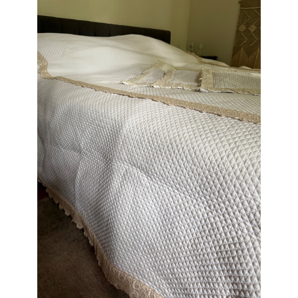 Schweitzer Linen Quilted Coverlet Set White Beige Lace oversized king shams